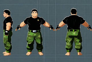 score_9, score_8_up, score_7_up, ((1male, solo, male focus, confident, character turnaround, character design, reference sheet, three-side view, (from front, from side, from behind))), (chubby:1.0), (bara:1.4), (stocky), (standing idle), ((black shirt)), ((barefoot)), ((long camouflage pants, ankle sprains)), short hair, crew cut, ((full body)), (cool, awesome), (fingerless gloves, belt), (round face), solid background, best quality, anime, masterpiece, best aesthetic, absurdres