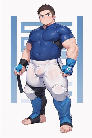 ((1boy_only, boxer \(person\), long pants, feet in foot protectors, solo)), (chubby:1.0, bara stocky:1.3, round_face, serious look), (buzz_cut:0.75), full body shot, ((cool, cute, awesome)), (fingerless gloves, (blue foot protectors, foot wrap)), (front_view), (chubby_face:0.8),male focus, standing_idle,best quality, masterpiece,ankle brace,foot protector, intricate details
