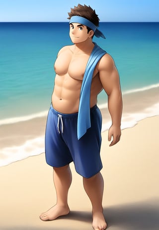 ((1male, solo, male focus)), (chubby:1.0), (bara:1.4), stocky, (stubble), ((barefoot, summer, beach short, head band)), short hair, crew cut, ((full body)), (cool, awesome), ((flat anime, best quality, best aesthetic, high res)),man, masterpiece