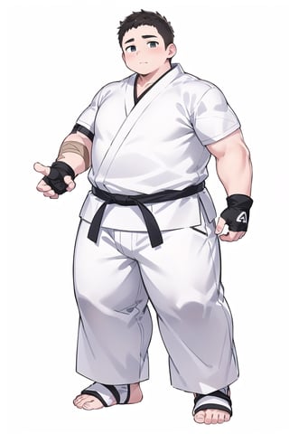 ((1male, solo, ankle braces, foot wraps)), (chubby:1.5, stocky:1.2, round_face, black ankle braces), ((white judo gi)), ((dougi)), barefoot, ((long pants)), (bara:1.4), buzz_cut, full body shot, ((cool, cute, awesome)), (fingerless gloves), (front_view), (chubby_face:0.8),Male focus, standing_idle,ankle brace,foot protector,best quality
