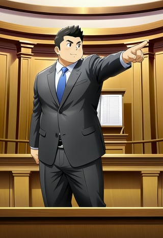 ((1male, solo, male focus, left hand point out)), ((bara)), (chubby:1.0), stocky, lawyer, stand behind a desk, courtroom, (cool, awesome, crew cut), ((flat anime, best quality, best aesthetic, high res))