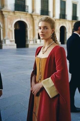 a beautiful blonde woman ready to attend the court of Spanish King Charles, year 1635, Madrid. photographer Steve McCurry, on Kodachrome 64 color slide film, with a Nikon FM2 camera and Nikkor 105mm Ai-S F2.5 lens