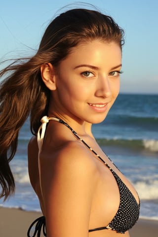 A photograph of a bright-eyed, 24-year-old brunette girl posing confidently on a sun-kissed beach. She wears a tiny micro bikini that showcases her toned physique. The warm sunlight casts a golden glow on her smooth skin, highlighting the subtle definition in her muscles. Her long hair is tied back in a ponytail, framing her striking features. Photograph by Suze Randall. dynamic pose.