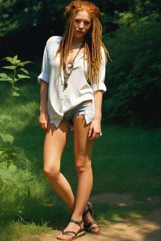 A young ginger woman stands confidently, wearing a white shirt with ripped cutoff denim shorts and black sandals. She holds a bold necklace in her hand, the jewelry catching the warm sunlight. Her long legs are clad in sheer pantyhose, adding a touch of seductiveness to the overall scene. The outdoor setting is bathed in natural light, highlighting the textures of her long dreadlocks hair and the subtle midriff peeking out from beneath her shirt. profile view. rear view. 
photographer Steve McCurry, on Kodachrome 64 color slide film, with a Nikon FM2 camera and Nikkor 105mm Ai-S F2.5 lens