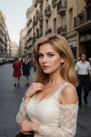 a beautiful blonde woman, 23yo, ready to attend the court of Spanish King Charles, year 1635, Madrid. Historical reenactment photograph. photographer Steve McCurry, on Kodachrome 64 color slide film, with a Nikon FM2 camera and Nikkor 105mm Ai-S F2.5 lens, 