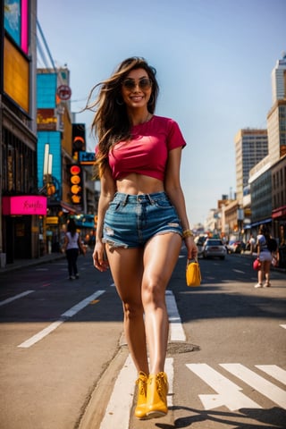 City streetscape with vibrant urban backdrop: towering skyscrapers, bustling sidewalks, and neon billboards. Framed by a warm overhead sunlight casting long shadows. Beautiful woman, mid-twenties, with sun-kissed hair and bright smile, wearing a bike-inspired top and micro jean shorts, showcasing toned legs. She struts confidently down the street, arms swinging, as passersby gaze admiringly.