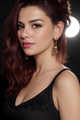 A close-up headshot of a Eurasian woman, her dark red locks tied into a sleek bun. A cascade of long earrings adorns her neck as she gazes directly at the camera. 