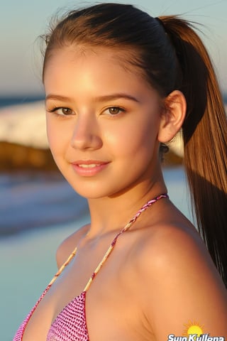 A close-up shot of a bright-eyed, 18-year-old girl posing confidently on a sun-kissed beach. She wears a tiny micro bikini that showcases her toned physique. The warm sunlight casts a golden glow on her smooth skin, highlighting the subtle definition in her muscles. Her long hair is tied back in a ponytail, framing her striking features.