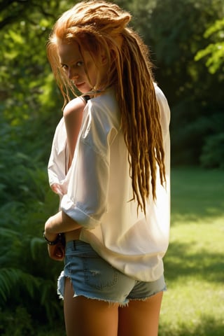 A young ginger woman stands confidently, wearing a white shirt with ripped cutoff denim shorts and black sandals. She holds a bold necklace in her hand, the jewelry catching the warm sunlight. Her long legs are clad in sheer pantyhose, adding a touch of seductiveness to the overall scene. The outdoor setting is bathed in natural light, highlighting the textures of her long dreadlocks hair and the subtle midriff peeking out from beneath her shirt. profile view. rear view. 
photographer Steve McCurry, on Kodachrome 64 color slide film, with a Nikon FM2 camera and Nikkor 105mm Ai-S F2.5 lens