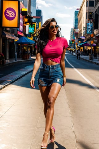 City streetscape with vibrant urban backdrop: towering skyscrapers, bustling sidewalks, and neon billboards. Framed by a warm overhead sunlight casting long shadows. Beautiful woman, mid-twenties, with sun-kissed hair and bright smile, wearing a bike-inspired top and micro jean shorts, showcasing toned legs. She struts confidently down the street, arms swinging, as passersby gaze admiringly.