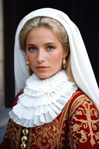 a beautiful blonde woman ready to attend the court of Spanish King Charles, year 1635, Madrid. photographer Steve McCurry, on Kodachrome 64 color slide film, with a Nikon FM2 camera and Nikkor 105mm Ai-S F2.5 lens, 