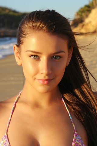 A photograph of a bright-eyed, 24-year-old brunette girl posing confidently on a sun-kissed beach. She wears a tiny micro bikini that showcases her toned physique. The warm sunlight casts a golden glow on her smooth skin, highlighting the subtle definition in her muscles. Her long hair is tied back in a ponytail, framing her striking features. Photograph by Suze Randall 