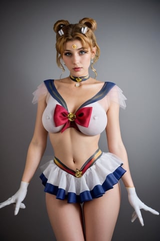 uniformsbodypaint,  sailormoon uniform, large_boobs, beautiful,
aausagi, double bun, twintails, parted bangs, hair ornament, circlet, jewelry, earrings, choker, see-through, red bow, white gloves, elbow gloves, multicolored skirt, 
Spread legs,