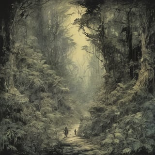 hiding in the dark forest, sci-fi timid creatures avoiding galactic terrors, camouflaged , ominous alien pursuit, dense jungle vegetation, backdrop of stellar wonder, cinematic highly detailed, movie concept art, style by Arthur Rackham