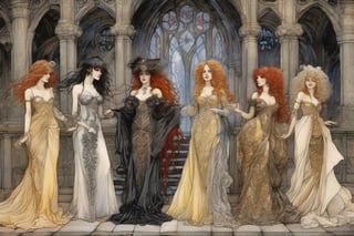 Gothic   alluring goth   sf, intricate artwork masterpiece, vibrant bold color, drybrush watercolor on rough hand-made paper . style by Arthur Rackham John William Waterhouse  Gustav Klimt  Ernst Haeckel  John Singer Sargent,