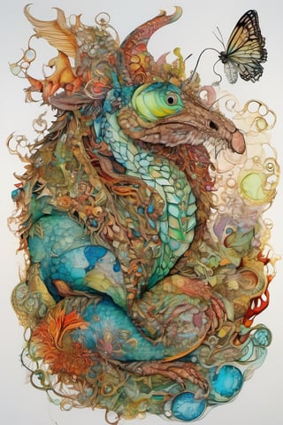 layered alcohol ink with pen outline, surrealist fantasy creature composed of a mix of animal attributes, dwelling in a fusion of reality and surrealism, amidst the wonders of nature, harmonious vivid color clarity, detailed, smooth illustration board, style by Maruja Mallo and William Timlin