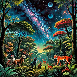 background sky of vivid galaxy astrophotography viewed above dark forest, sci-fi timid creatures and colorful animals hiding from galactic terrors, ominous alien pursuit, dense muted earth color jungle vegetation,  , cinematic highly detailed, movie concept art, style by Henri  Rousseau and Arthur Rackham