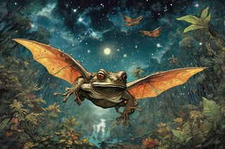 flying toad, white spread wings, background sky of vivid galaxy astrophotography viewed above dark forest, sci-fi timid creatures and colorful animals hiding from galactic terrors, ominous alien pursuit, dense muted earth color jungle vegetation,  , cinematic highly detailed, movie concept art, style by arthur Rackham