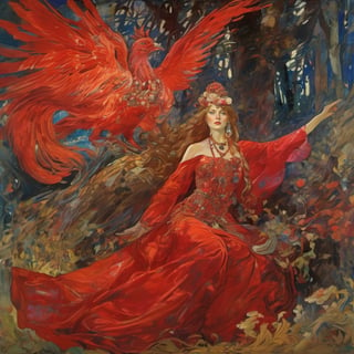 beautiful face, weird bewildering beautiful russian fairy tale, aluring  Firebird, flowing transparent crimson-red gown, painting of folklore subjects, thieves heroes kings peasants beautiful-damsels terrifying-witches enchanted-children crafty-animals, epic cinematic light, bold oil-paint brush strokes, style by Mikhail Vrubel and Viktor Vasnetsov