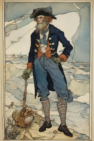 A monstrously  handsome jolly sailor his body composed of a patchwork of mismatched fabrics and bold colors, style by Arthur Rackham