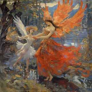 beautiful face, weird bewildering beautiful russian fairy tale, Firebird dances with the Swan Maiden, painting of folklore subjects, thieves heroes kings peasants beautiful-damsels terrifying-witches enchanted-children crafty-animals, epic cinematic light, bold oil-paint brush strokes, style by Mikhail Vrubel and Viktor Vasnetsov