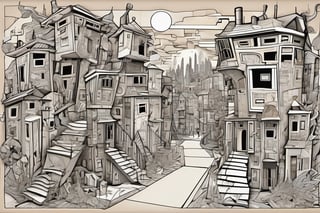 abstract street with houses and people, Neutral Color, boho, strange, weird, unusual surreal, Matte painting, ultra highly detailed woodcarving, luminism, paper art, stained glass , maximalist chaotic, pen and ink,  sharp focus, intricate details, geometric vector style smooth lines, style by Hergé and Jean-Michel Basquiat