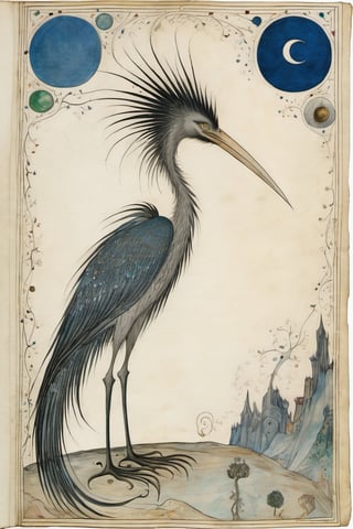 illuminated Voynich Manuscript, a tall bird-creature from another dream on another planet, in Voynich Manuscript by Arthur Rackham and Leonora Carrington
,more detail XL