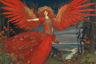 beautiful face, weird bewildering beautiful russian fairy tale, glorious Firebird, flowing crimson-red plumage, painting of folklore subjects, thieves heroes kings peasants beautiful-damsels terrifying-witches enchanted-children crafty-animals, epic cinematic light, bold oil-paint brush strokes, style by Viktor Vasnetsov and Ivan Bilibin