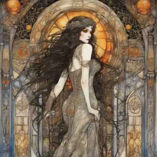 Gothic   alluring goth   sf, intricate artwork masterpiece, vibrant bold color, drybrush watercolor on rough hand-made paper . style by Arthur Rackham John William Waterhouse  Gustav Klimt  Ernst Haeckel  John Singer Sargent,