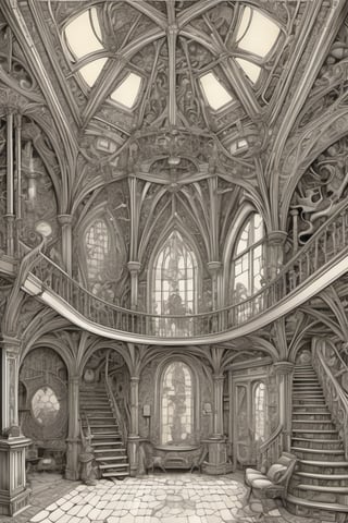 inside tower room lovable dynamic anthropomorphic creatures interacting  zentangle mansion, gothic architecture, ornate detail, non-Euclidean geometry, magical surprise, style by Henry Justice Ford, Arthur Rackham,  Escher
,more detail XL
