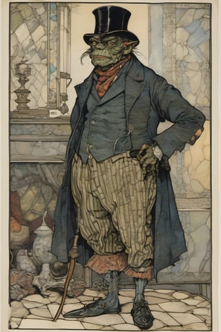 A monstrously  handsome somber British bobby his body composed of a patchwork of mismatched fabrics and somber colors, style by Arthur Rackham