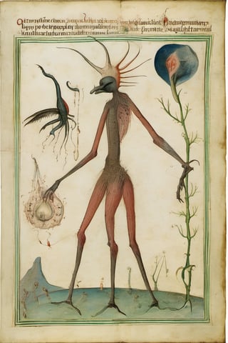 a tall creature from another dream on another planet, in Voynich Manuscript by Hieronymus Bosch