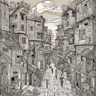 abstract street with houses and people, Neutral Color, boho, strange, weird, unusual surreal, Matte painting, ultra highly detailed woodcarving, luminism, paper art, stained glass , maximalist chaotic, pen and ink,  sharp focus, intricate details, geometric vector style smooth lines, style by Hergé and Jean-Michel Basquiat