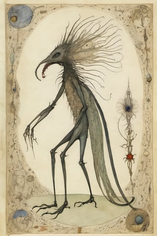 a tall creature from another dream on another planet, in Voynich Manuscript by Arthur Rackham and Leonora Carrington
,more detail XL