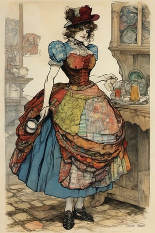 A monstrously  buxom perky waitress her body composed of a patchwork of mismatched fabrics and vibrant colors, style by Arthur Rackham