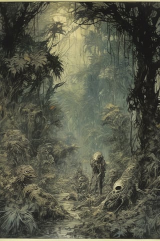 hiding in the dark forest, sci-fi timid creatures avoiding galactic terrors, camouflaged , ominous alien pursuit, dense jungle vegetation, backdrop of stellar wonder, cinematic highly detailed, movie concept art, style by Arthur Rackham