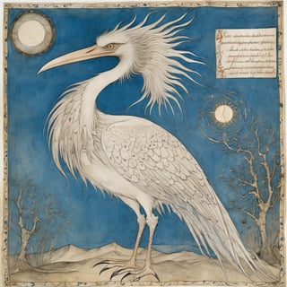 Voynich Manuscript, a tall bird-creature from another dream on another planet, in Voynich Manuscript by Arthur Rackham and Leonora Carrington
,more detail XL