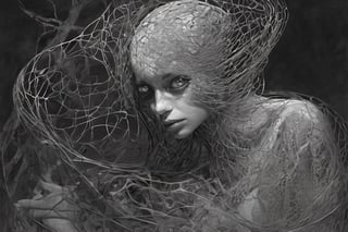 beautiful eyes, Sinister atmosphere infuses a magic realism scene, wire mesh sculptures twisting into surreal forms, shadows cast elaborate patterns over the backdrop, ambient occlusion adds depth, chiaroscuro enhances the ominous mood, silvery wire reflections glinting, atmospheric fog swirling, eerie silence palpable, digital painting, ultra realistic.