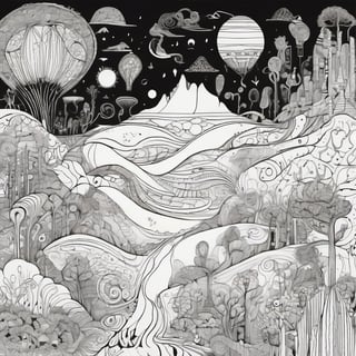 black and white continuous line drawing ,  Whimsical Dream surreal landscape, lucid dreaming. dream-like elements, detailed  harmonious composition. imaginative world with intricate patterns  whimsical details, black technical pen on white smooth illustration board