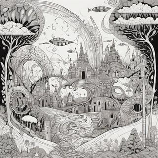 black and white continuous line drawing ,  Whimsical Dream surreal landscape, lucid dreaming. dream-like elements, detailed  harmonious composition. imaginative world with intricate patterns  whimsical details, black technical pen on white smooth illustration board,aw0k straightsylum