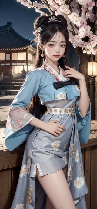 (masterpiece), realistic, far from head to toe image 80s korean female, high quality, 8K Ultra HD, photorealistic has a fully detailed mature face, Realistically not Ai, 36D big Japanese female, NATURAL, pretty and charming, detailed face, big_breast, ((is a beautifull girl wearing a floral hanbok, bokjumuni)), little_cute_girl, mature female, Realism, (smile face), (black hair), YAMATO, small earrings, small necklace, ((smile:1.2)), (red lips), long legs, slim legs, (good quality eye spacing), Buns and bangs, digital painting, fantasy, hidden forest, centered big tree, [glowing crystals], flowers, petal, (night time), hanbok, bokjumeoni,hanbok,bokjumeoni,Yewon,Hanbok,Sohwa,SUZUKA NAKAMOTO,Perfect lips,Smile,Asia,Woman ,Taiwan ,taiwanese,makeup and detailed eyes,Asian,face,woman,Narin