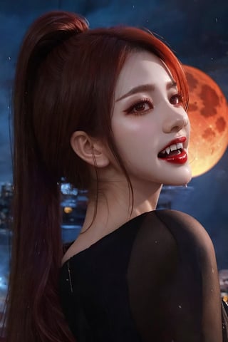 masterpiece,full body portrait,surrealism,best quality, top quality, ultra highres, 8k hdr, 8k wallpaper, RAW, huge file size, intricate details,sharp focus,natural lighting, professional,amazing,finely detailed,delicate, realistic,cinematic light,1girl,solo,expressionless,Side ponytail,((fangs)),blood red hair,Blood red lipstick,portrait,(vampire),((Slightly raised mouth: 1.3)),ruined city,blood red moon, very detailed facial details, noble temperament,perfect body proportions,red hair, evening dress,short skirt, black pantyhose, fangs, floating , looking at the viewer, moonlight, night, bloody stream, blood on face, evil smile, from below, blood, streaks of blood in the air, river of blood, more details,ll-hd,治疗,cute,COS,清纯美少女,清纯,bzsohee,Wusiii,diaochan,yumi