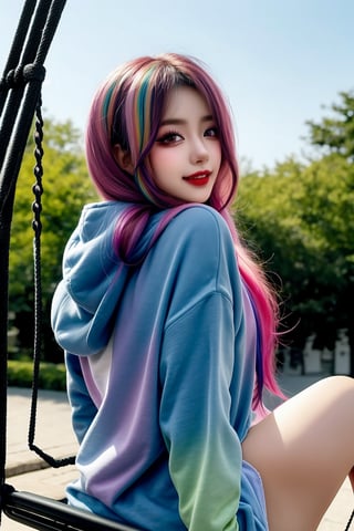 A whimsical portrait of a girl sitting on a swing, surrounded by a vibrant outdoor setting bathed in warm daylight. Her long, multicolored hair cascades down her back like a rainbow, and her pink-tinted locks peek out from beneath a hooded hoodie. She gazes directly at the viewer with a bright smile, her eyes sparkling with mischief. The camera captures her delicate features against a softly blurred background, emphasizing the gradient hues of her clothing and hair.