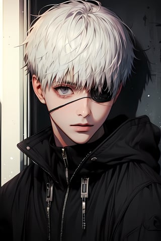  (1boy),     shadows, rim light , 
ken_kaneki,  white hair,  crazy look, black eyes, eyepatch, , sci-fi

(masterpiece, best quality:1.2),  