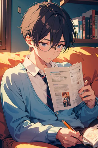 1boy, short hair, upper body,  reading, sofa, cozy 
 (masterpiece),  (best quality:1.2), 