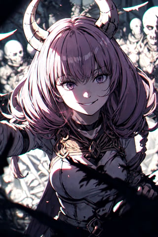 1girl ,  smile,   aura the guillotine   horns, shadows 
summoning undead soldiers, 
souls 
,(best quality