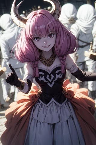 1girl ,  smile,   aura the guillotine   horns, shadows 
summoning undead soldiers, 
souls 
,(best quality