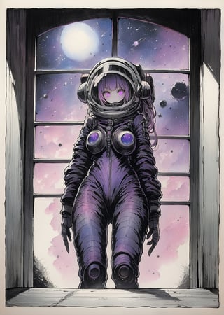  
1girl, looking at the window of her space station space suit blue and violet nebula,  
masterpiece best quality 
 sci-fi traditional media by H. R. Giger dark horror by Beksinski
