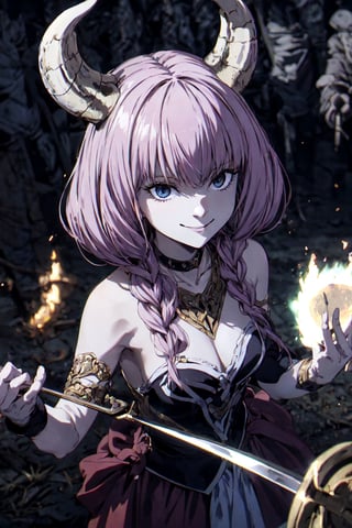 1girl ,  smile,   aura the guillotine   horns, shadows 
summoning undead soldiers, 
souls 
,(best quality