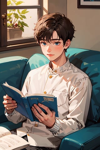 1boy, short hair, upper body,  reading, sofa, cozy 
 (masterpiece),  (best quality:1.2), 